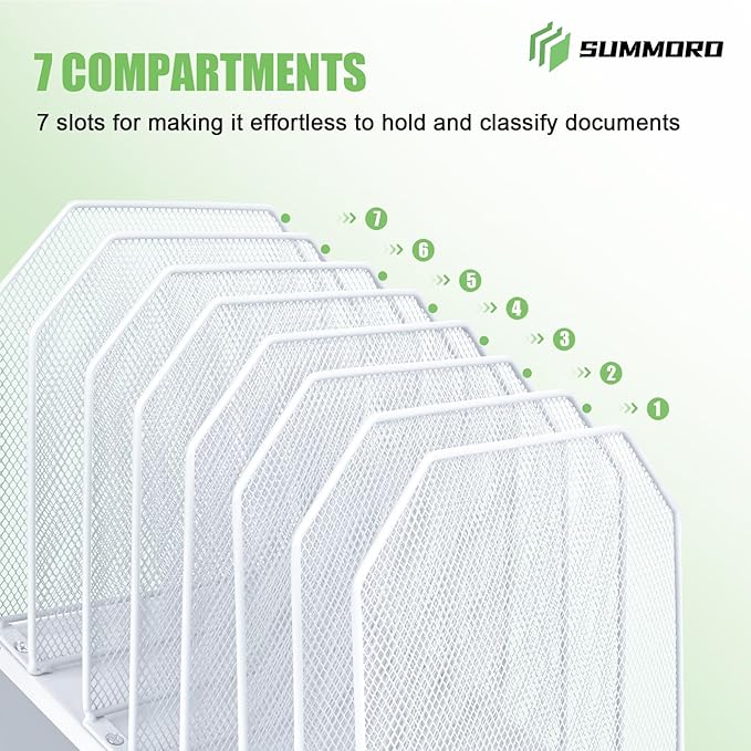 SUMMORO Inclined File Organizer for Desk, 7-Tier Vertical File Folder Holder Office Desk Organizer Metal Rack File Wire Mesh Desktop Document Sorter for Office School Classroom Home (White)