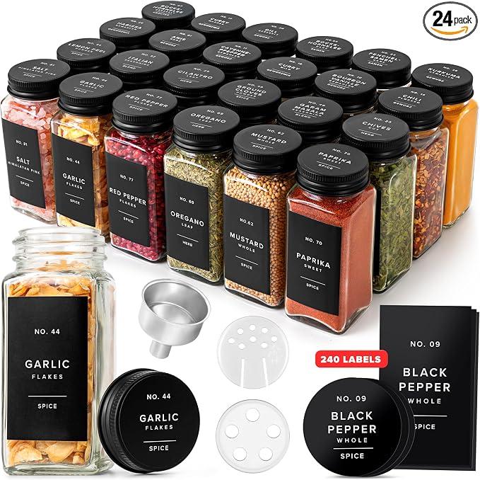 EDELHAUS Glass Spice Jars with Label and Black Aluminium Lids (24 x 4oz) Spice Containers with 240 Labels, Shaker Inserts, Steel Funnel, Empty Square Seasoning Organizer (Black Aluminium Lid)