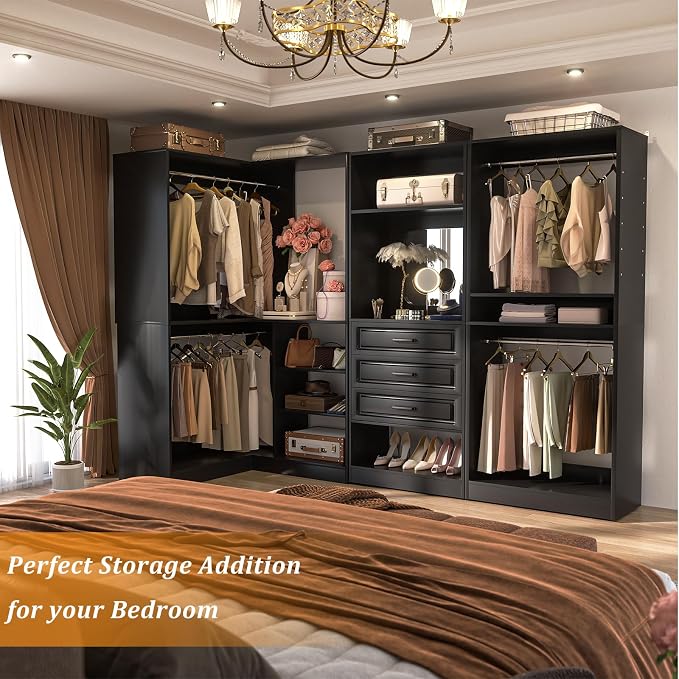 Unikito Closet System with Drawers，86”Modular Corner Closet Organizer System with Mirror，Freestanding Wood Wardrobe Organizer with Hanging Rods & Adjustable Shelves, Walk in Closet Tower, Black