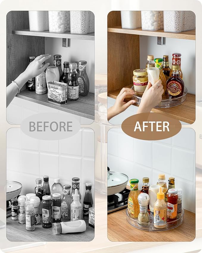 Clear Lazy-Susan Turntable Cabinet-Organizer – 2-Pack 9-Inch Spice Rack Storage for Fridge Refrigerator Pantry