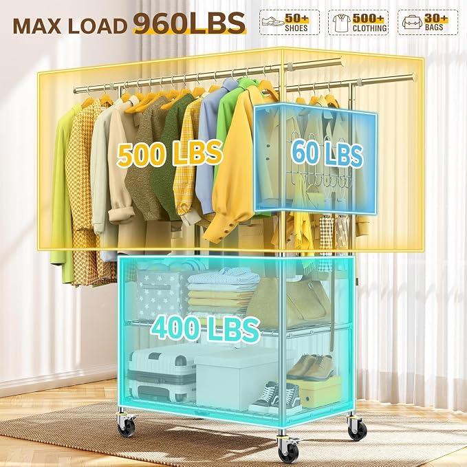 Double Rod Clothes Rack with Two Shelves, Heavy Duty Clothing Racks Load 860 LBS, Rolling Garment Racks with 4-inch Wheels, Hanging Rack for Clothes Storage, Portable Closet in Bedroom Laundry Room