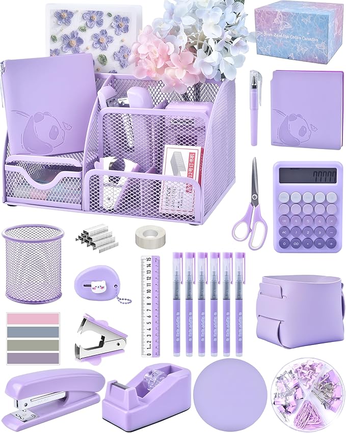 23pc Purple Desk Accessories and Organizers with Mesh Organizer Stapler Tape Dispenser Calculator and a Lot of Office Purple Office Supplies Beautifully Presented in a Gift Box