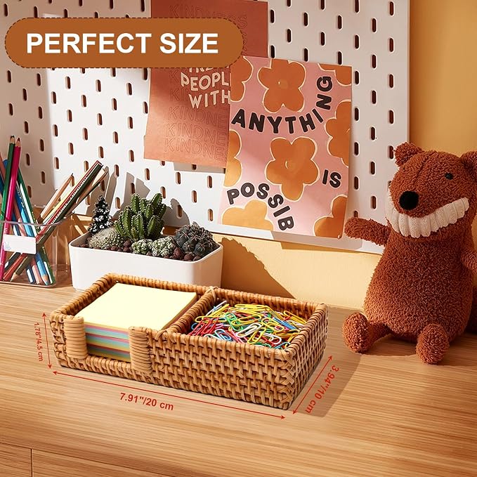 3 x 3 Inch Sticky Note Holder,Rattan Post It Note Dispenser,2 Slot Sticky Note Dispenser,Wicker Post It Holder for Home Office Desk Decor,Honey Brown