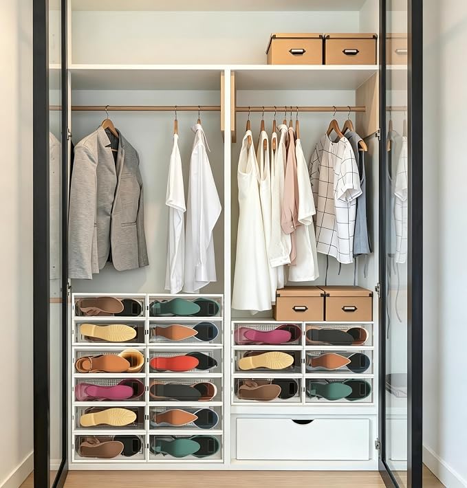 8 Pack Stackable Shoe Storage Boxes, Plastic Shoe Organizer Drawers Bins for Closet, Ventilated Shoe Containers with Lids for Sneakers, Heels and Boots, Clear