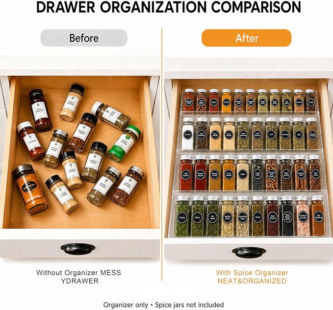 Spice Drawer Organizer,4 Tier Clear Acrylic Spice Rack for Drawer | Expandable 12" to 23", Seasoning Organizer Tray for Kitchen Drawer,Keep Spice Labels Visible and Easy to Grab,Organizer Only