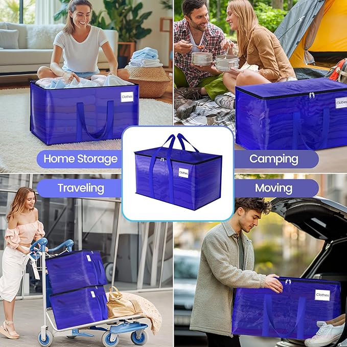 FabSpace 10Pack Moving Storage Bags, Moving Supplies Packing Boxes for Moving, Camping, College Dorm Room Essentials for Girls, Blue Tote Bags, 125L Heavy-Duty Storage Bins With Lids And Zippers