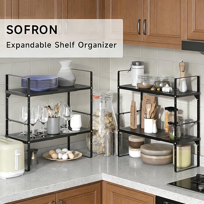 Expandable Cabinet Organizer Shelf - Adjustable Width (16.5”-27.1”), Stackable, Heavy Duty 80 lbs, for Kitchen Pantry, Countertop, Office, Spice Rack - Black, Large Size, 1 Pack