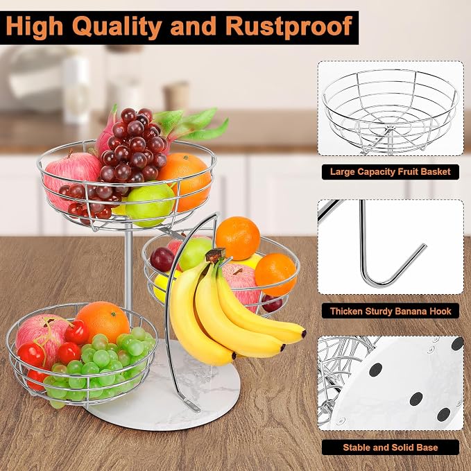 Livabber Fruit Basket Bowl with Banana Hanger, Metal Fruit Vegetable Storage Basket with Banana Holder for Kitchen Counter, Detachable Organizer for Bread Snack Produce (Chrome, 3-Tier Marble Base)