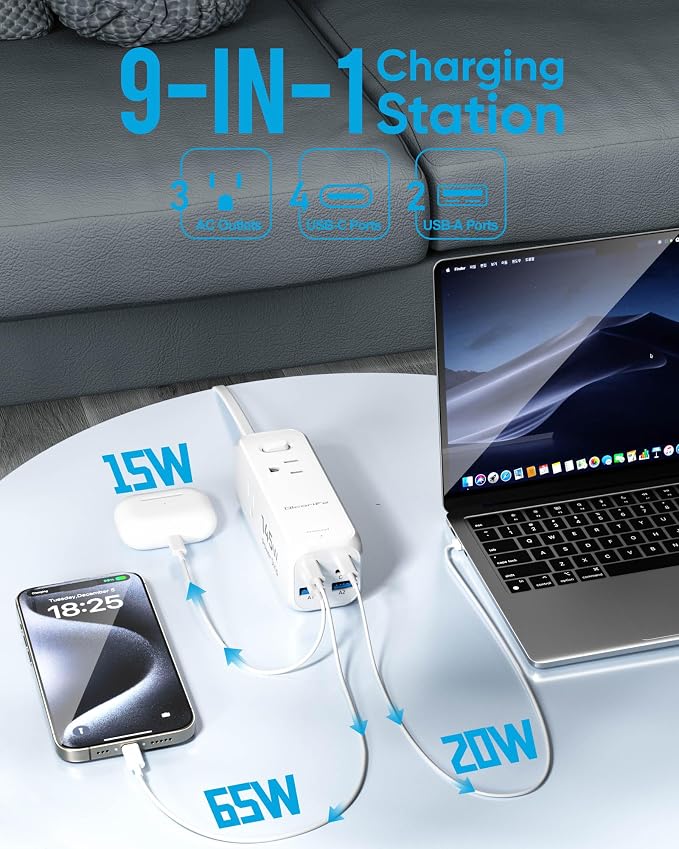 Olcorife 145W USB Power Strip, 5FT Flat Plug Extension Cord with 3 AC Outlets 6 USB Ports(4 USB C&2 USB A), 3 Sided Outlet Extender for Home Office Travel Dorm Room Essentials, White