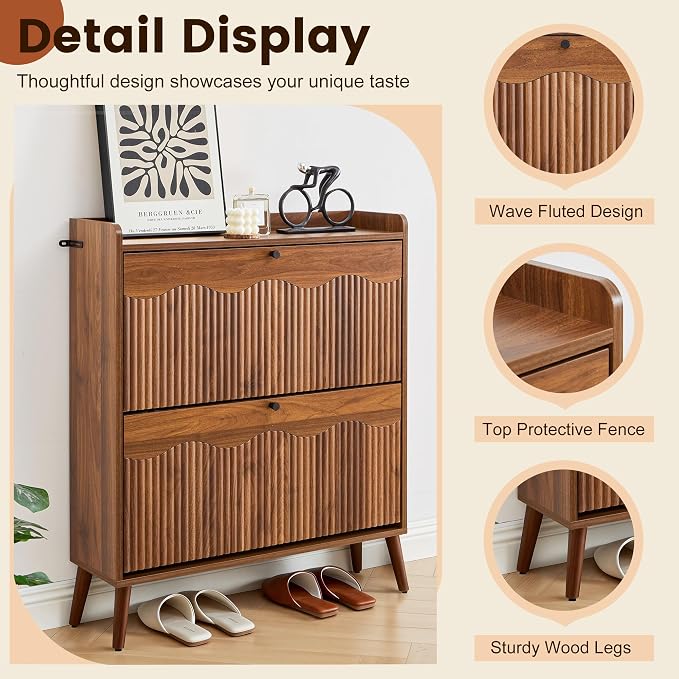 BERRYMERRY 31.5" Fluted Shoe Storage Cabinet with 2 Flip Drawers, Narrow Shoe Storage Organizer Rack with Wave Door for Entryway, Hallway, Living Room