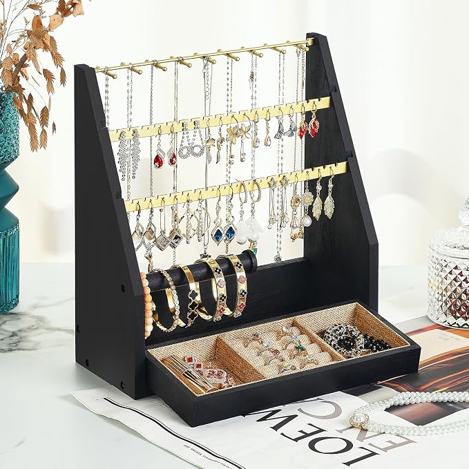 DGWJSU Jewelry Organizer Stand, 5 Layer Earring Holder Organizer with Necklace Holder, Rustic Wood Earring Organizer Display for Stud Earring Bracelet Necklace Ring, Watches (Black Gold)
