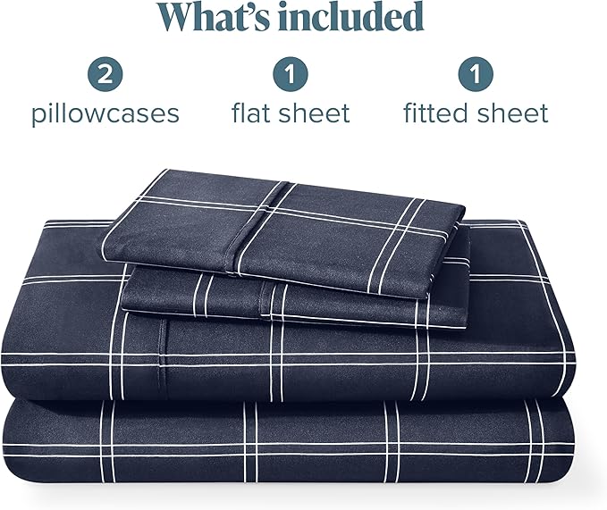 Bare Home California King Sheet Set - Luxury 1800 Ultra- Soft Double Brushed Microfiber - Deep Pockets - Easy Fit - 4 Piece Bedding Sheet Set (Cal King, Modern Plaid - Midnight/White)