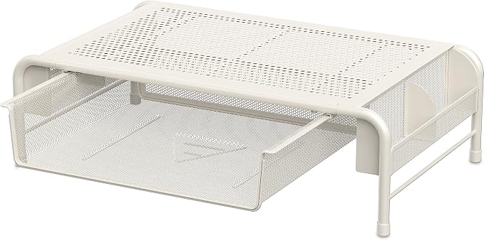 Simple Houseware Metal Desk Monitor Stand Riser w/ Organizer Drawer, White | Side Storage for Office Supplies