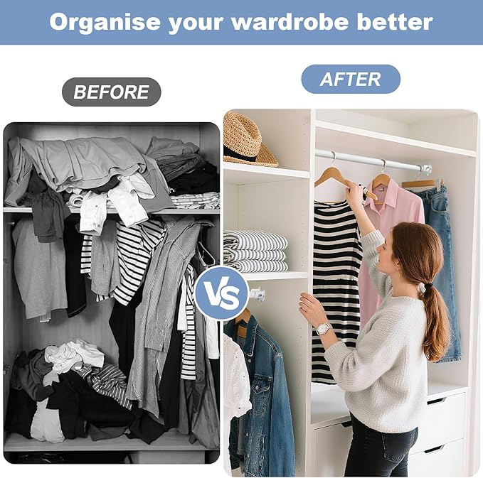 Closet Rods For Hanging Clothes,17-69 Inches Stepless Spring Adjustable Closet Rod With bracket U-shaped,1.3 Inches Heavy Duty White Closet Hanging Rod For Wardrobe,Laundry room,Bathroom And Windows