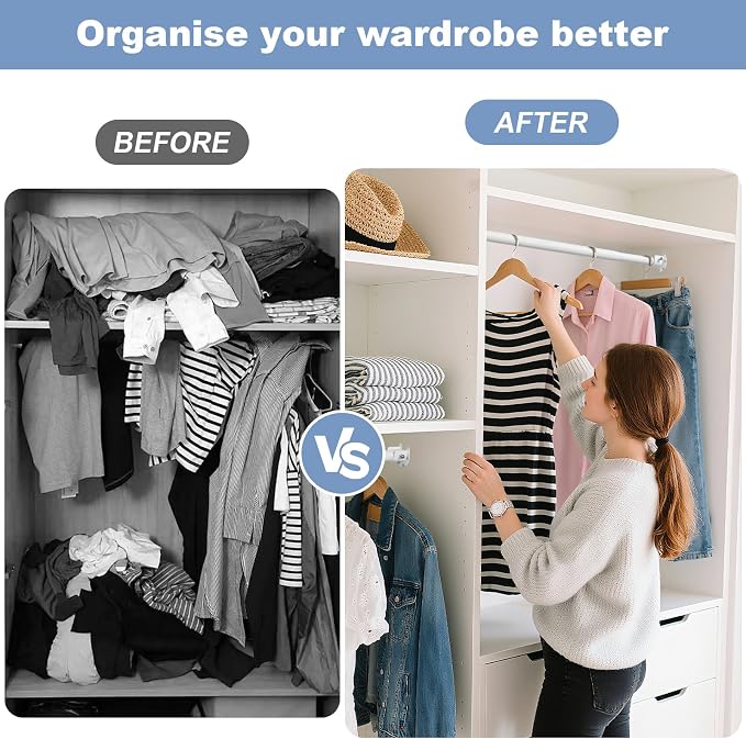 Closet Rods For Hanging Clothes,17-39 Inches Stepless Spring Adjustable Closet Rod With bracket U-shaped,1.3 Inches Heavy Duty White Closet Hanging Rod For Wardrobe,Laundry room,Bathroom And Windows