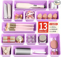 Canfanni 13 Pack Plastic Drawer Organizers Set, 3 Sizes Desk Drawer Organizer Trays for Vanity and Makeup Organizer, Organization and Storage for Makeup, Kitchen Utensils, Bathroom and Office(Purple)