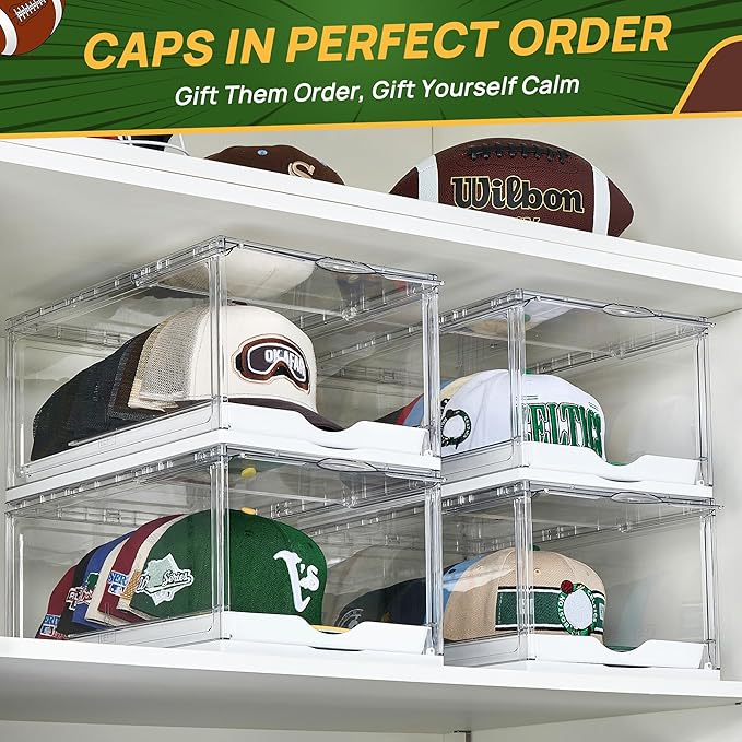 Vtopmart 2 Pack Clear Hat Organizer Drawer for Baseball Caps, Stackable Display Case with Magnetic Door, Each Holds 12 Hats
