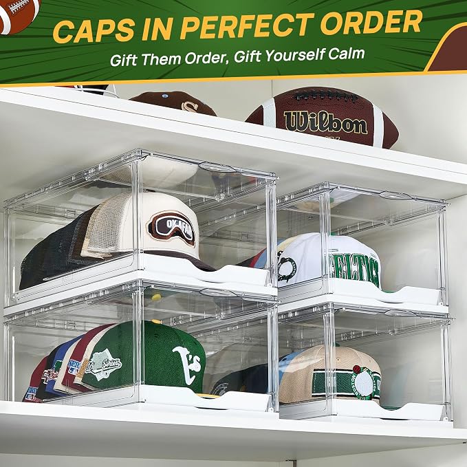 Vtopmart 1 Pack Hat Organizer for Baseball Caps, Clear Hats Holder Box with Drawer, Large Cap Storage with Sliding Tray, Stackable Rack Display Case with Magnetic Door, Each Holds 12 Hats