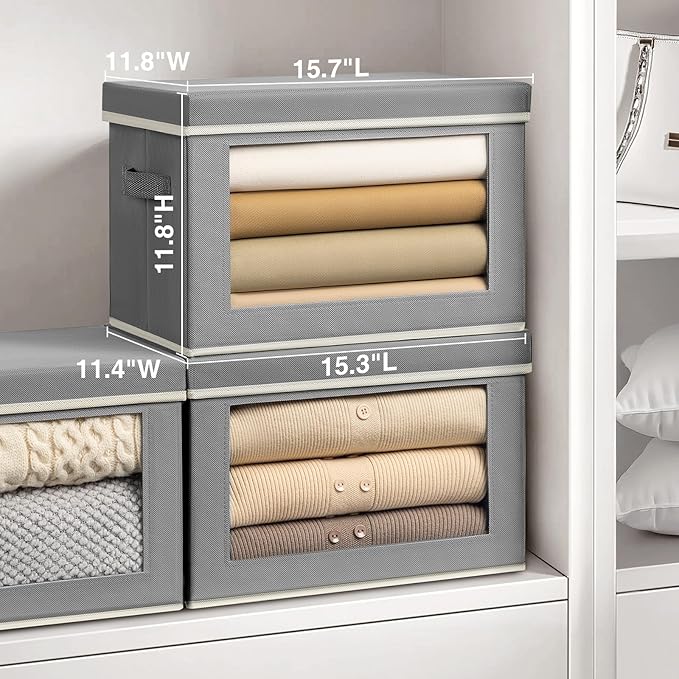 Homsorout Stackable Storage Bins with Lids - Large Decorative Basket with Lids, Fabric Foldable Closet Organizer Bins, Shelf Organizer for Living Room, Dorm, 5 Pack, Grey