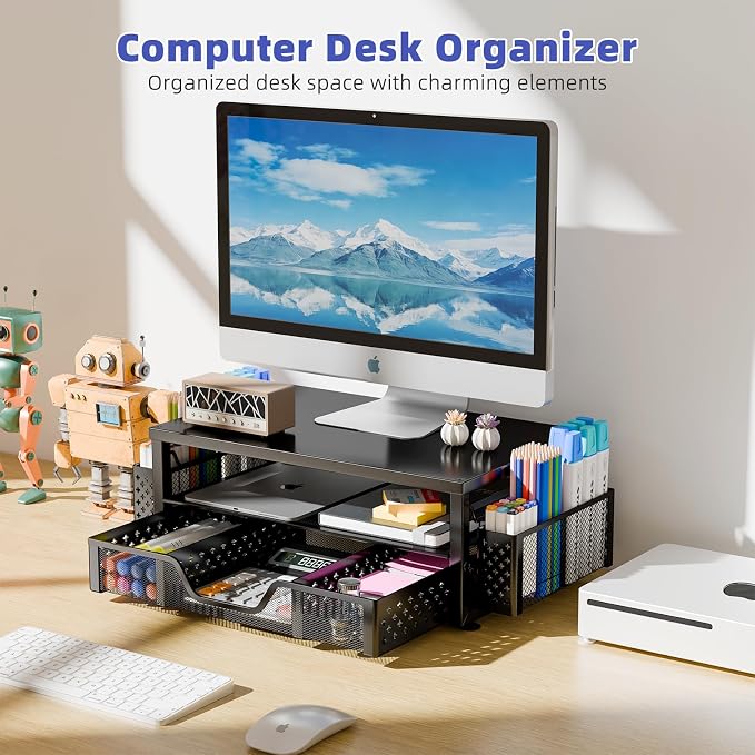 Simple Trending 2-Tier Monitor Stand Riser, Drawer & 2 Pen Holders, Black | Sturdy Material