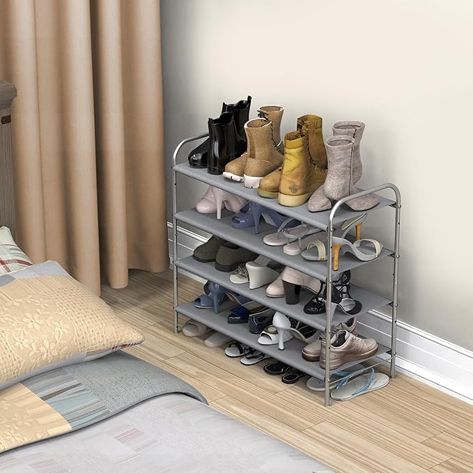 Simple Houseware 4-Tier Shoe Rack Storage Organizer, 12-20 Pair, Grey | Space-Saving Shoe Shelf with Sturdy Metal Frame and Non-Woven Fabric Shelves for Entryway, Garage & Corridor