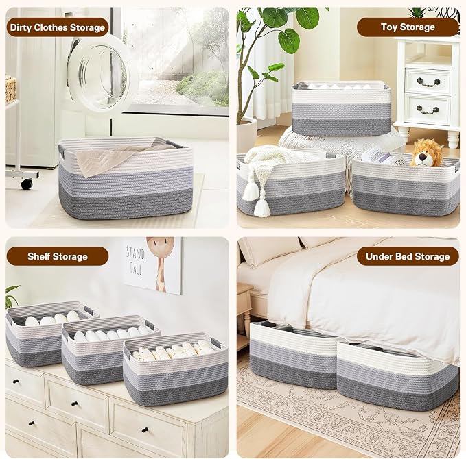 4 Pack Large Storage Basket for Organizing, 17.5"x13"x7" Woven Basket for Shelves, Closet Cube Storage Bins with Wrapped Handle, Cotton Rope Baskets for Kitchen, Clothes, Toys(Gradient Grey)