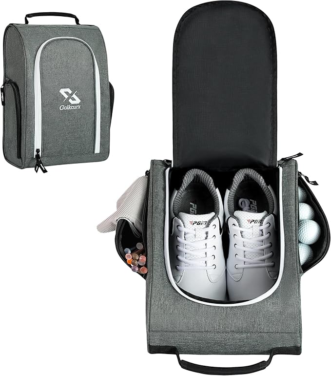 Golkcurx Golf Shoe Bag Travel Sport Shoe Carrier Bags for Men Women, Grey | Zippered, Side Accessory Pockets, for Socks, Tees, Golf Balls, Travel Sport Shoe Carrier, Golf Accessories, Golf Gifts
