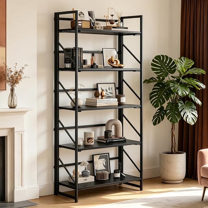 JSB No Assembly Folding Bookshelf, 5 Tier Industrial Metal Book Shelf for Storage, Vintage Wood Foldable Bookcase for Living Room, Bedroom, Office Organization Shelves