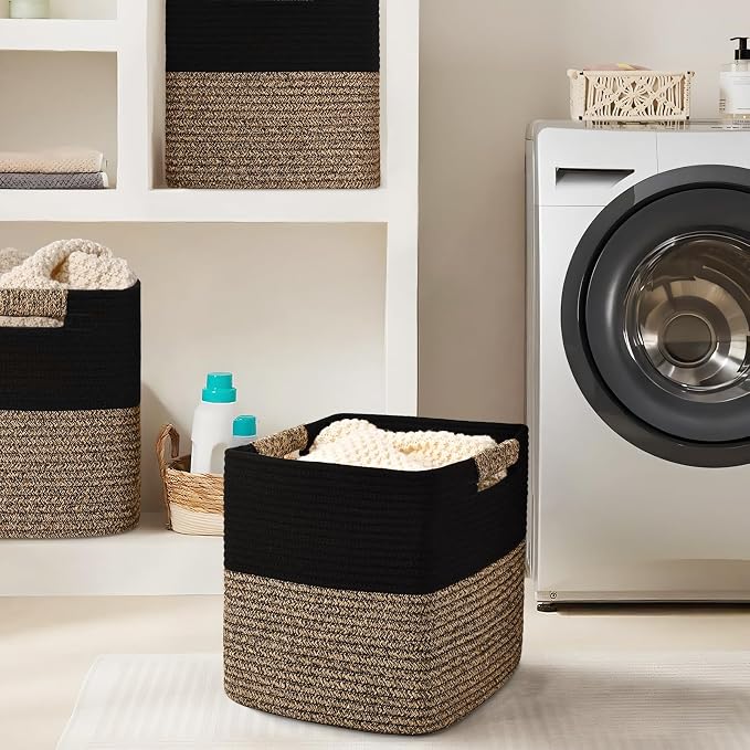 12 Inch Storage Cubes, 3 Pack Cube Storage Bins for Organizing, Cotton Rope Woven Baskets for Shelves, Bathroom, Kids Room, Closets, Baby Nursery