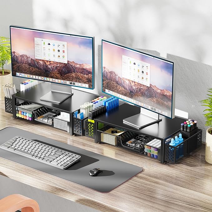 Simple Trending Desk Organizer and Accessories, 2-Tier Computer Monitor Stand Riser with Drawer & 2 Pen Holders, Office Desk Accessories & Workspace, Laptop & Printer Stand for Desktop, Black