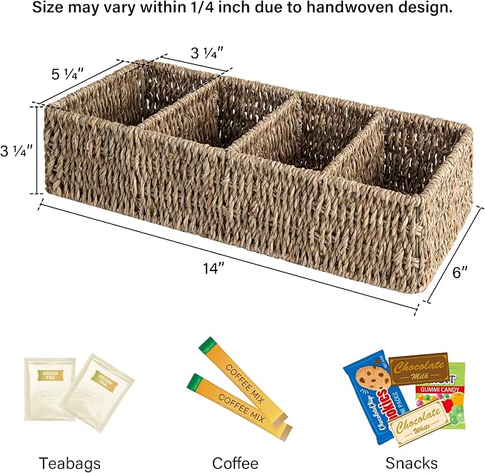 StorageWorks Small Wicker Basket for Organizing with 4-Section, Natural Seagrass Storage Baskets with Dividers for Pantry Shelves, 2-Pack
