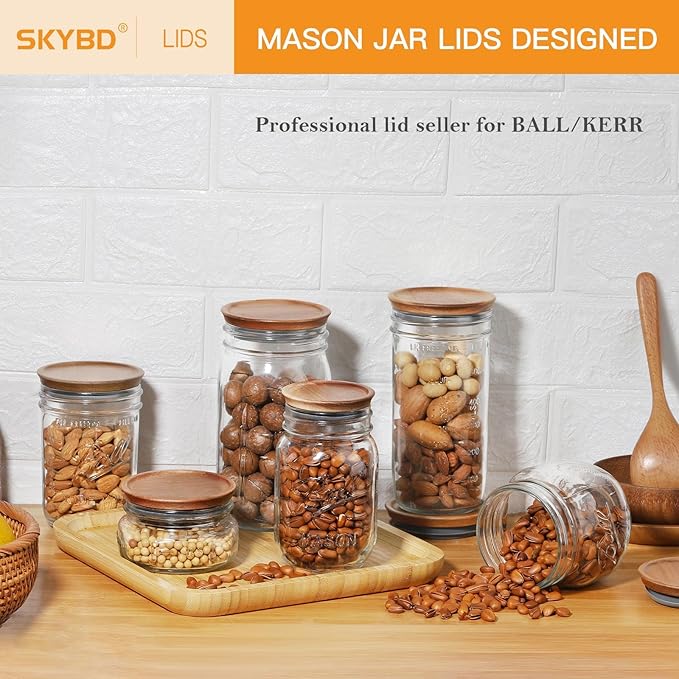 6 Regular Mouth and 6 Wide Mouth Wooden Mason Jar Lids for Ball/Mason Jars, Reusable Acacia Wood Mason Jar Lids with Airtight Silicone Seal Perfect for Dry Food Storage (6PCS-Regular + 6PCS-Wide)