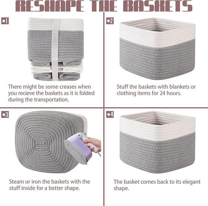 OIAHOMY 9”x9”x7” Storage Cubes, Cotton Rope Woven Baskets for Organizing, Cube Storage Bin, Small Gift Basket for Shelf, 3-Pack, Grey&White