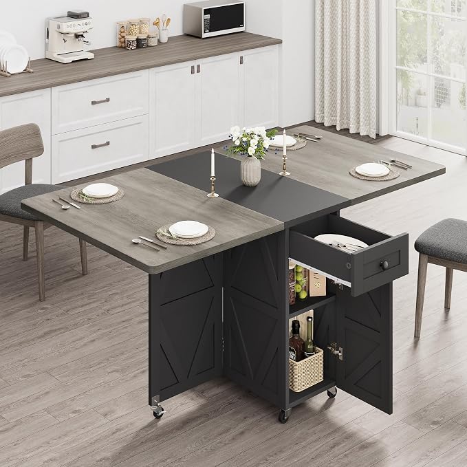 Jocoevol Folding Dining Table for Small Spaces, Space Saving Foldable Kitchen Table with Drawer & Storage Shelf, Rolling Drop Leaf Dining Table with Wheels for Dining Room (Grey 47.2" x 23.6" x 29.5")