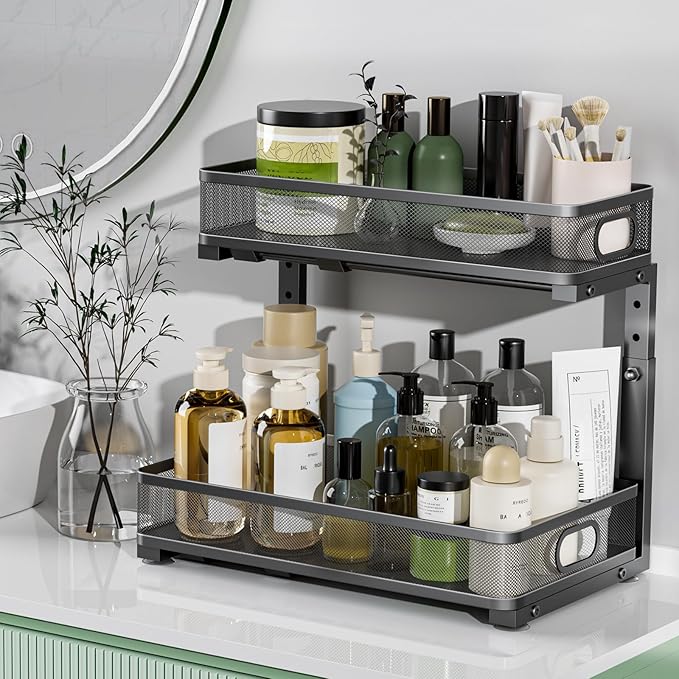 Under Sink Organizer, High Adjustable 2 Tier Under Sink Organizers and Storage, Slide out Metal Cabinet Organizers, Pull out Storage Drawer Shelf for Kitchen Bathroom Cabinet (1, Black)