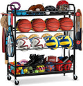 EXTCCT Garage Sports Equipment Organizer - Rolling Ball Storage Bin with Wheels, Garage Sports Gear Rack Outdoor Basketball Racks for Balls with Baseball Bat Holder and Hooks, Toy Organizer