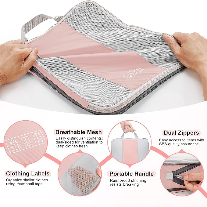 OlarHike 8 Set Compression Packing Cubes for Travel Essentials,Compressible Expandable Space Saver Bags for Organizing Clothes,Luggage Suitcase Garment Bags with Over 1000 pcs Mesh Holes(Pink)