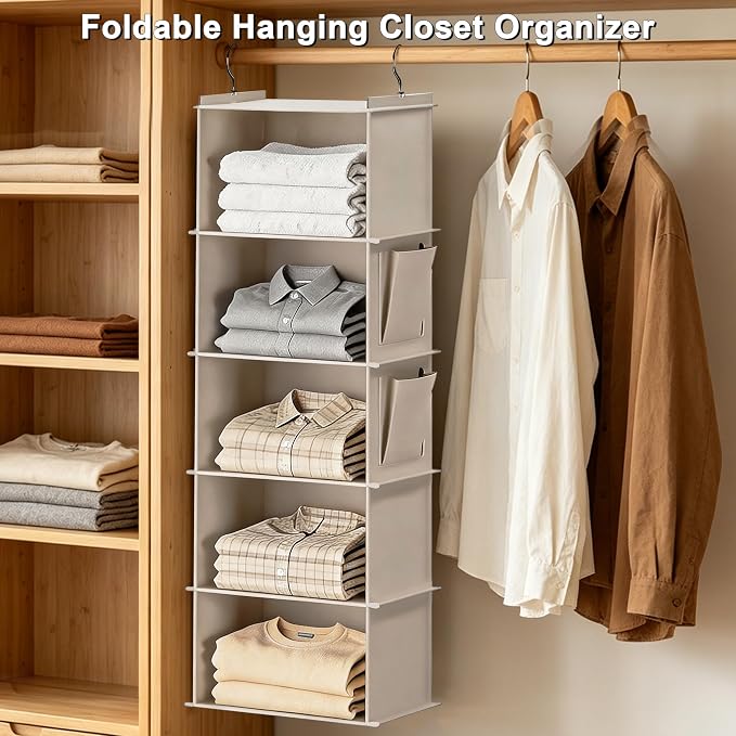 Foldable Hanging Closet Organizer, 5-Shelf Hanging Shelves with Side Pockets, Space Saving Storage for Clothes and Accessories