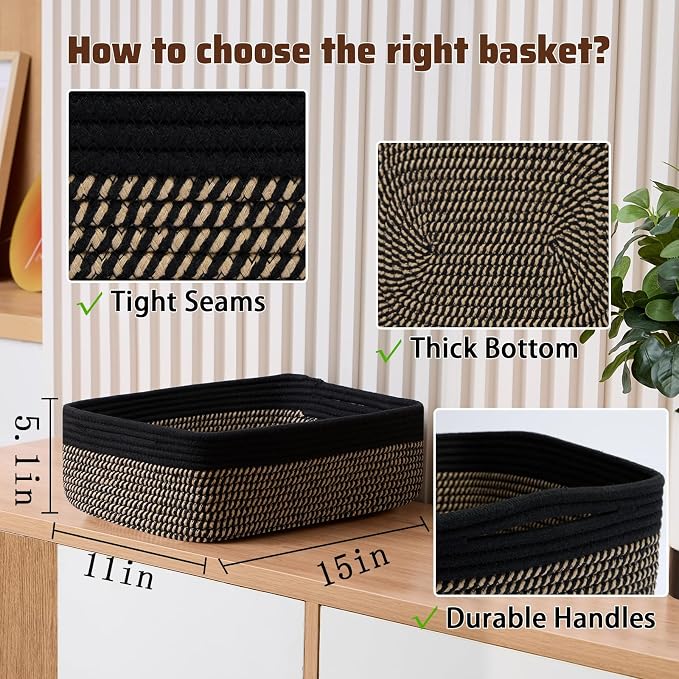 MiniArk Large Shallow Organizing Baskets 15x11x5.1 Inches - Rope Woven Storage Bins for Bathroom, Shelves, Cube Closet, Black Woven Brown 2 Packs