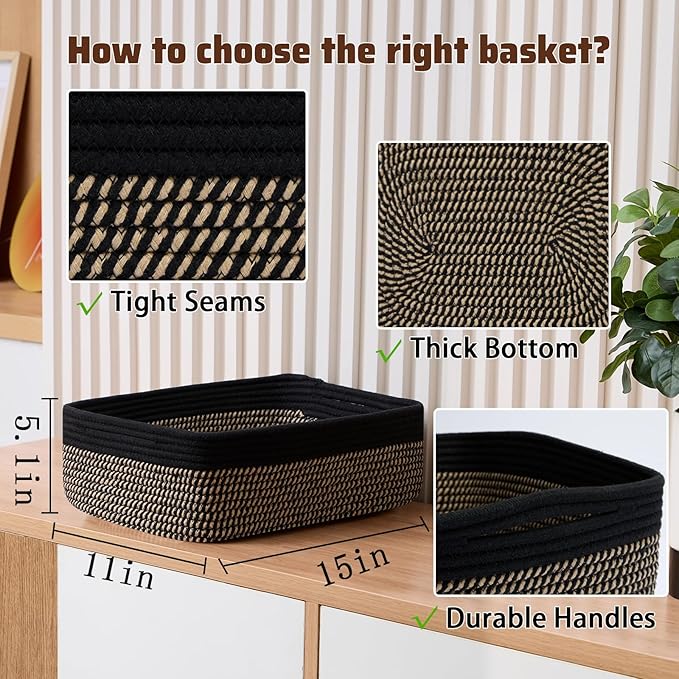 MiniArk Large Shallow Organizing Baskets 15x11x5.1 Inches - Rope Woven Storage Bins for Bathroom, Shelves, Cube Closet, Black Woven Brown 4 Packs