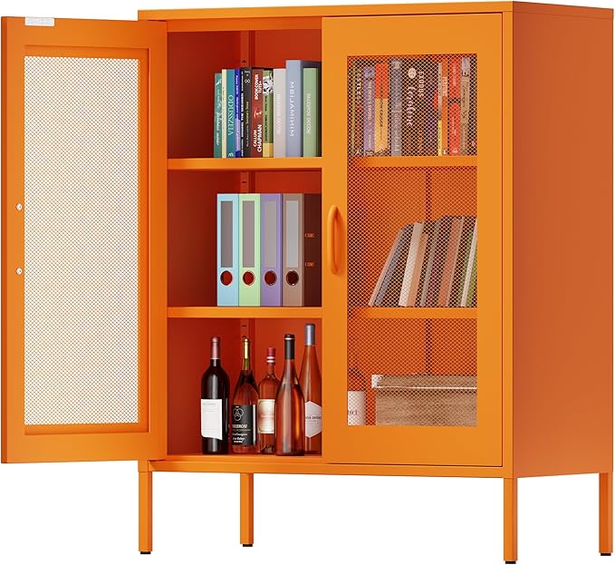 Ustamio Orange Metal Storage Cabinet with Mesh Doors, Small Office Cabinet with 2 Adjustable Shelves, Accent Metal Locker Storage Cabinet for Home, Office, Living Room, Hallway