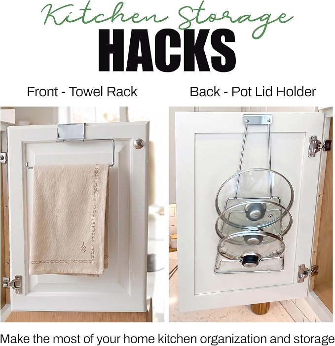 Evelots 2-in-1 Pot Lid Organizer with Towel Holder, 2 Pack, 3-Tier Cabinet Door Organizer, Pot & Pan Lid Holder Rack for Glass & Metal Lids, Over Cabinet Door Kitchen Storage, Chrome