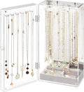 Lolalet Necklace Holder Organizer, Acrylic Jewelry Organizer with 24 Hooks, Rotating Clear Necklaces Display Box with Built-in Mirror, Dust-proof Jewelry Storage Case with Velvet Tray -Clearmirror