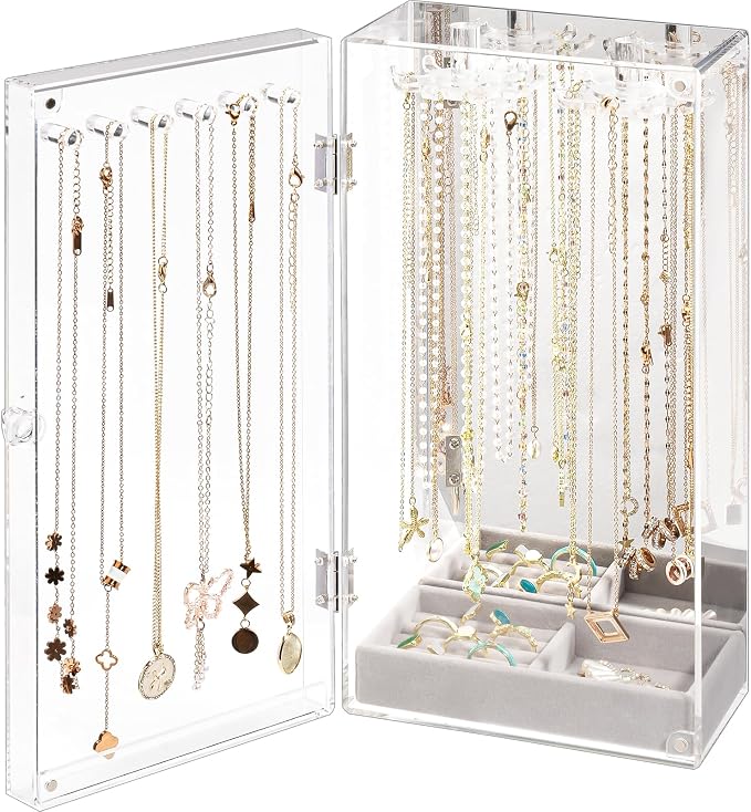 Lolalet Necklace Holder Organizer, Acrylic Jewelry Organizer with 24 Hooks, Rotating Clear Necklaces Display Box with Built-in Mirror, Dust-proof Jewelry Storage Case with Velvet Tray -Clearmirror