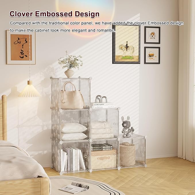 C&AHOME Cube Storage Organizer with Doors, 6-Cube Shelves, DIY Plastic Modular Bookshelf, Closet Clothes Storage Shelving Ideal for Bedroom, Living Room, Clover Embossed, Transparent
