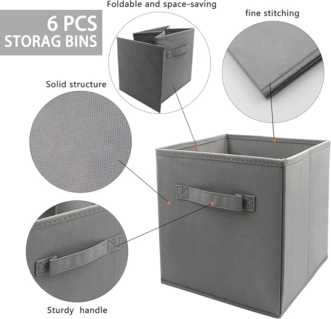 EBIGIC storage bins collapsible storage bins,cube storage organizer (Pack of 6) 9*7.5*7.5inch,For home and office Collapsible Closet Shelf Organizers, Drawer Organizers (Grey)