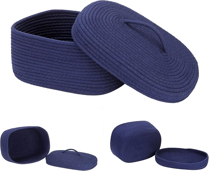 Sea Team Oval Cotton Rope Storage Basket with Lid, Lidded Woven Storage Bin, Nursery Storage Container, Diaper Caddy, Baby Shower Basket, Box, Organizer, 15 x 11 x 6.5 Inches (Medium, Navy Blue)