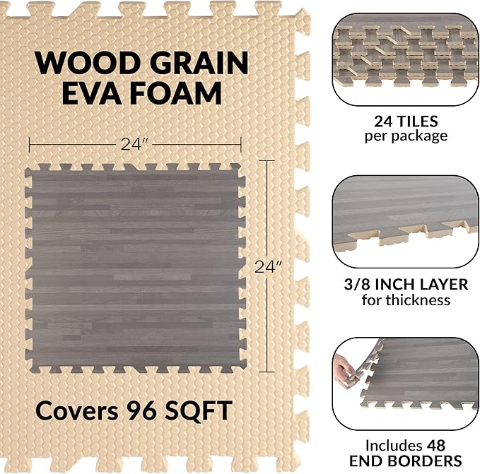 Foam Floor Tiles - 96sqft Wood Grain Interlocking Foam Tiles with Border - Foam Play Mat Playroom or Gym Flooring for Home Gym by Stalwart (Gray)
