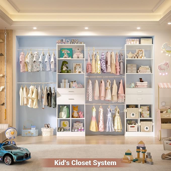 Besiost Closet System, 7.4ft-10ft with 4 Wooden Drawers and 5 Hanging Rods, Can Fit 88 to 123 inch Walk-in Closet System, White