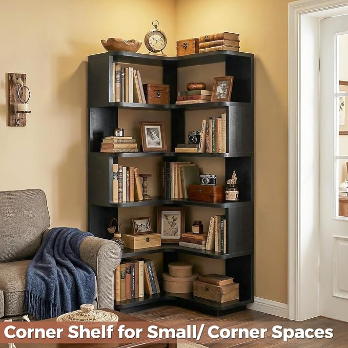 Besiost Corner Book Shelf, 6-Shelf Corner Bookshelf for Small Corner Spaces, L-Shape Bookcase Corner Display Shelf for Home Office, Living Room, Bedroom, Black